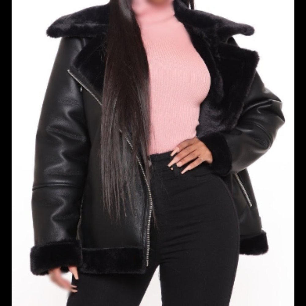 Ladies Nice Moto Faux Leather Faux Fur Trim Jacket Black